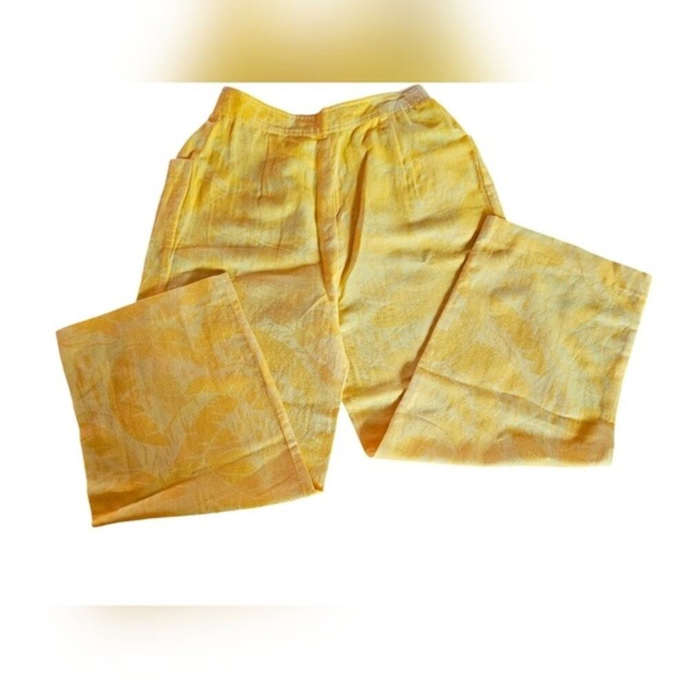 VTG Unbranded Flared Pants Women M Tropical Palm Linen Blend High Rise Yellow